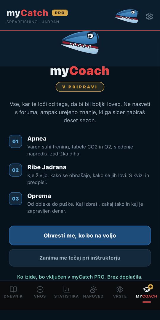 Zaslon myCoach, ki je v pripravi