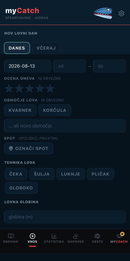 Zaslon Vnos, nov lovni dan